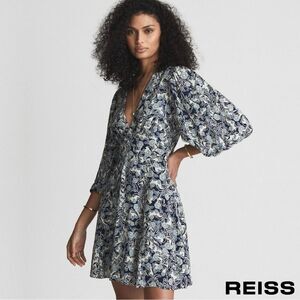 Reiss Blue Daisy Floral Print Puff Sleeve Mini Dress